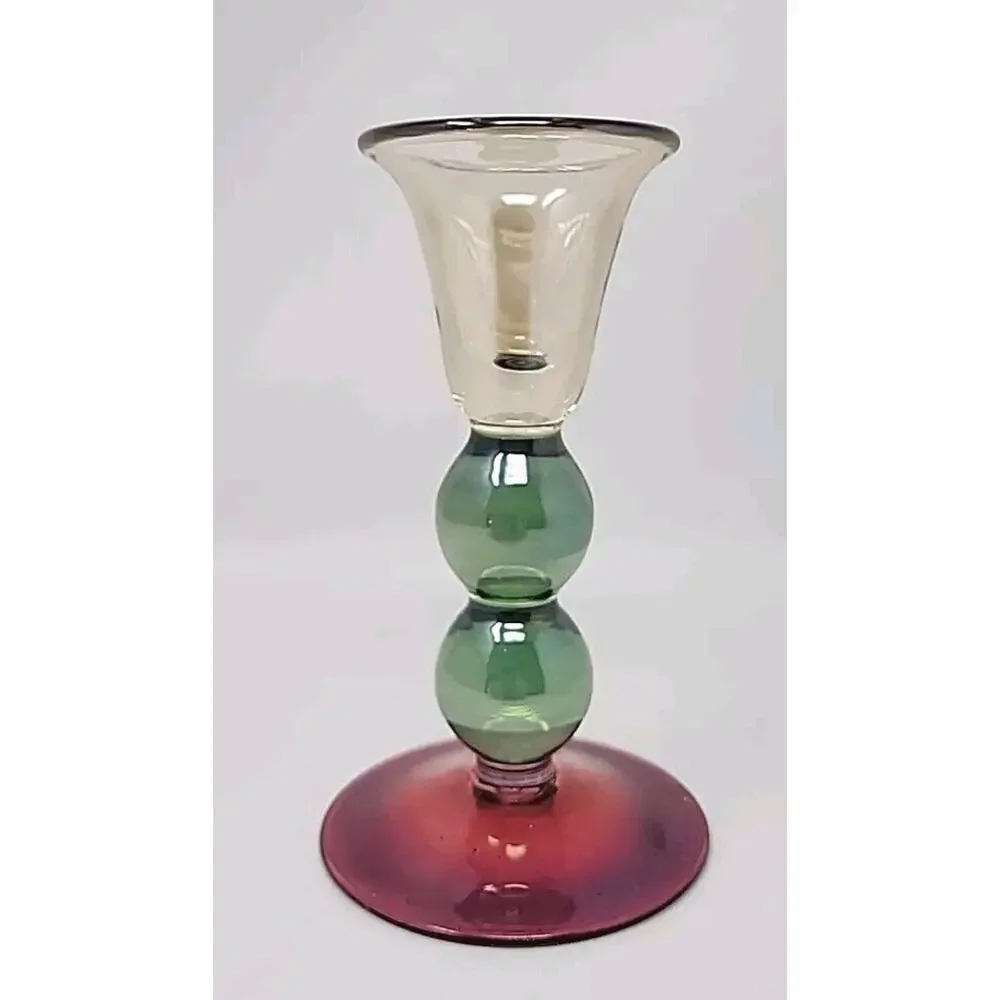 Krosno Poland Candlestick Iridescent Hand-Blown Glass w Sticker 6